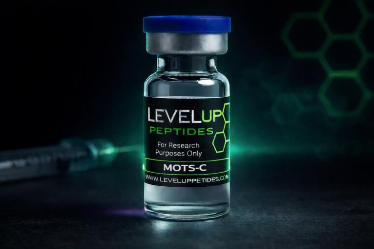 MOTS-C 40mg labeled 'LevelUp Peptides' with a syringe on a dark background